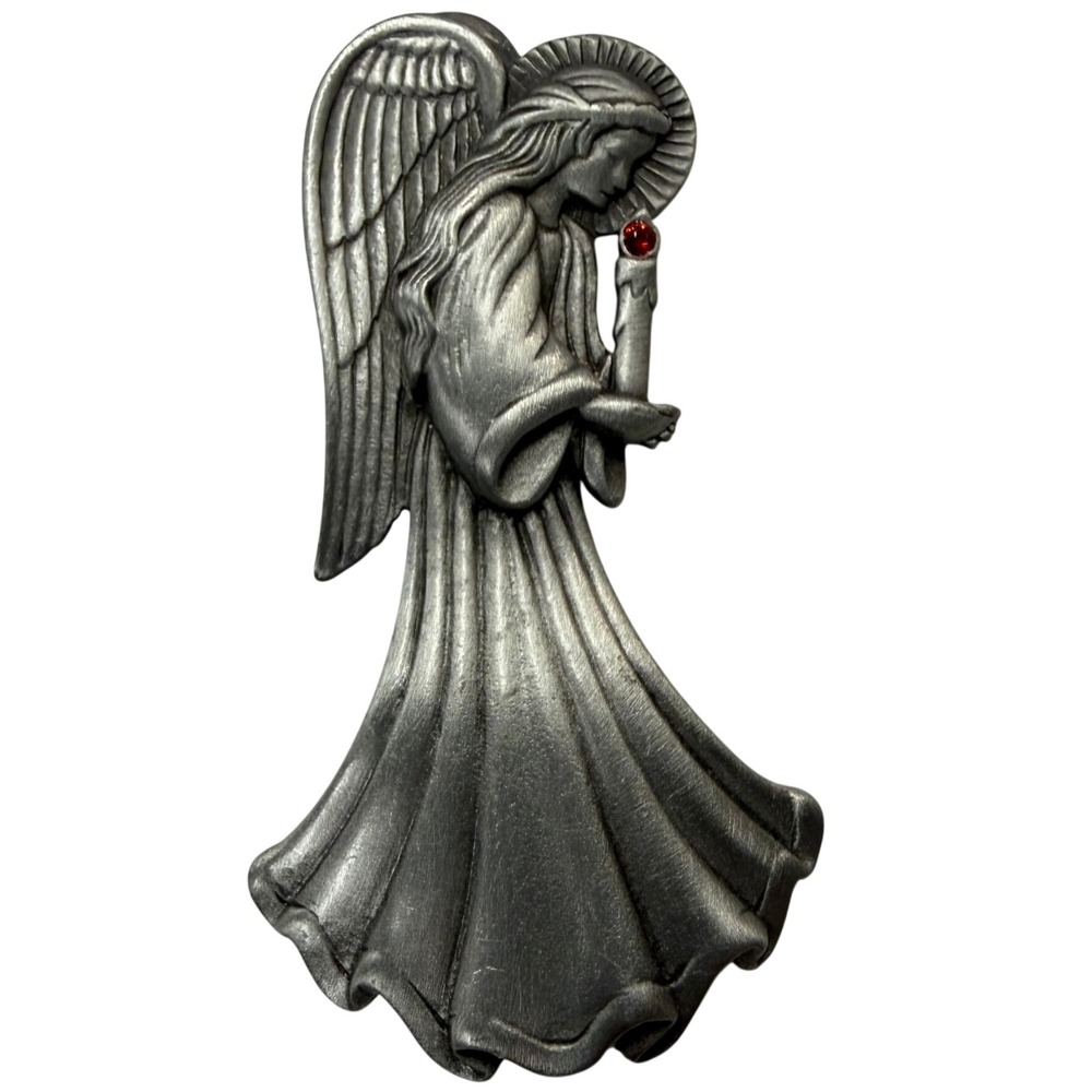 Vintage Pewter Angel Brooch Silver Tone Candle Red Rhinestone Pin